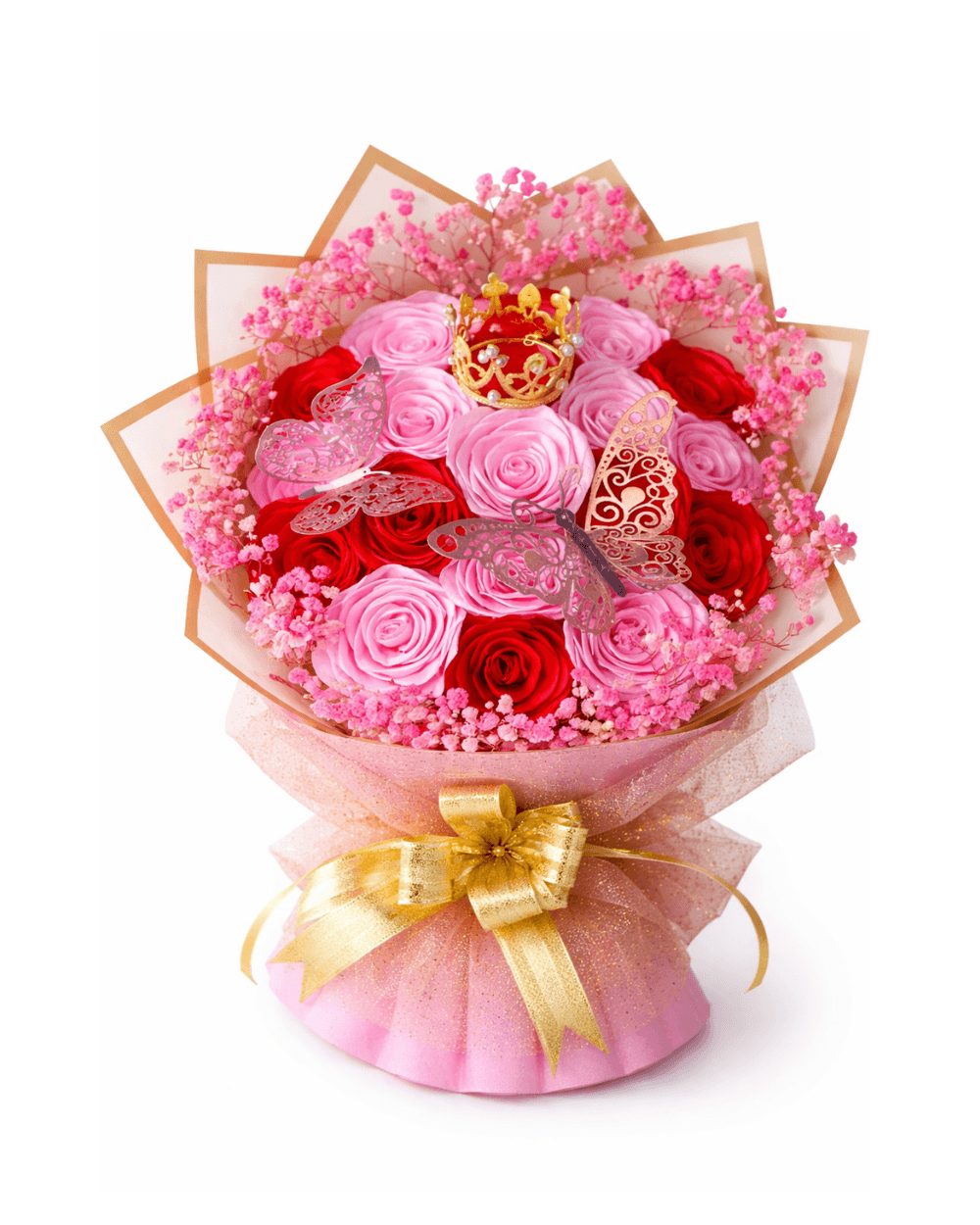 Luxury Rose Bouquet with Crown & Butterfly | Premium Pink & Red Flower Gift for Wedding, Anniversary & Special Occasions